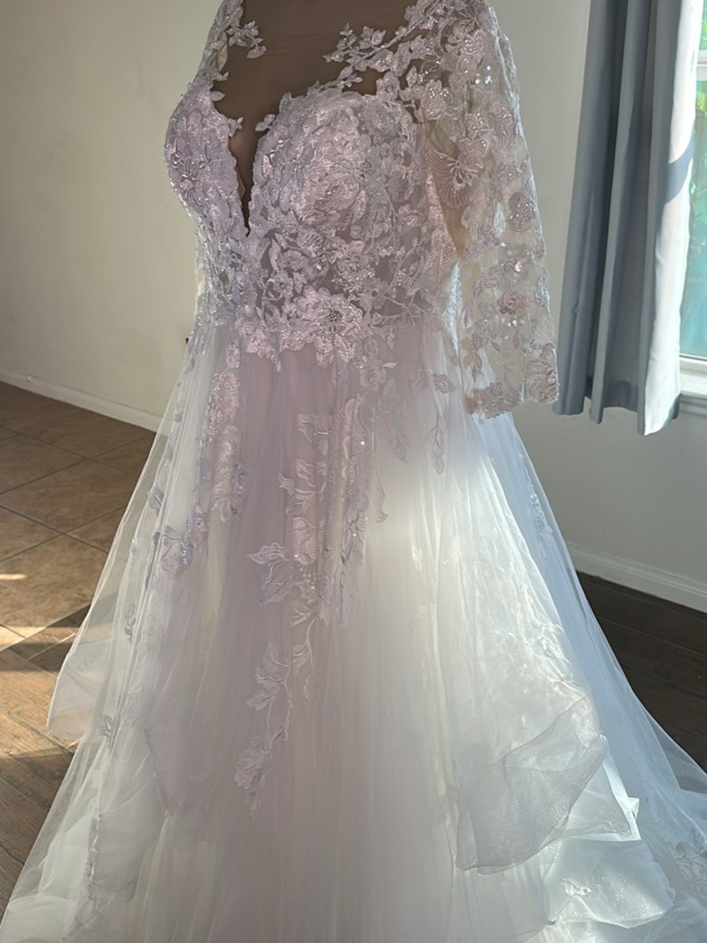 David Tutera Lace Appliqué A-Line Wedding Dress in Blush and Ivory